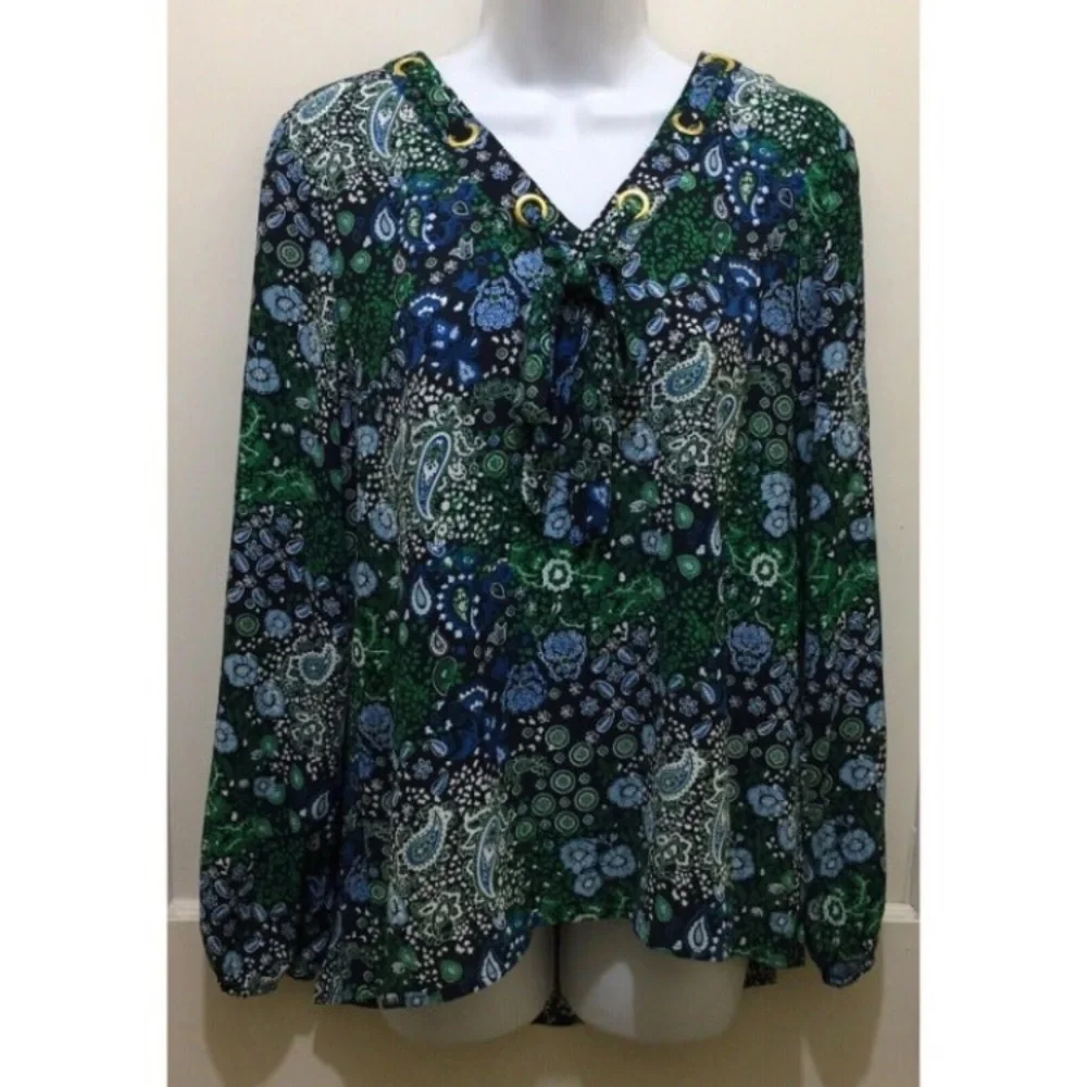 Michael Kors Paisley Floral True Navy Blue Top M